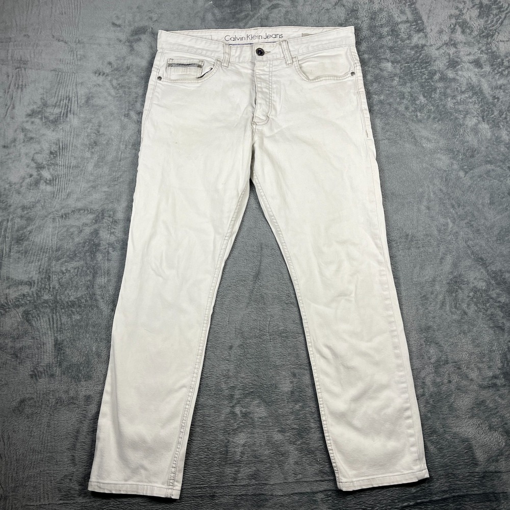 Calvin Klein Jeans Men 34X30 White Denim Straight Leg Slim Fit Travel Button Fly